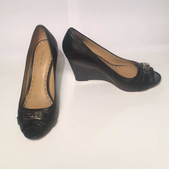 Coach black leather Thea peep toe wedges, size 6. - Picture 1 of 3